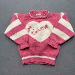 Vintage Madeleine Sweater Girl's Pink Je T'aime Heart Striped Hand Knit Pullover